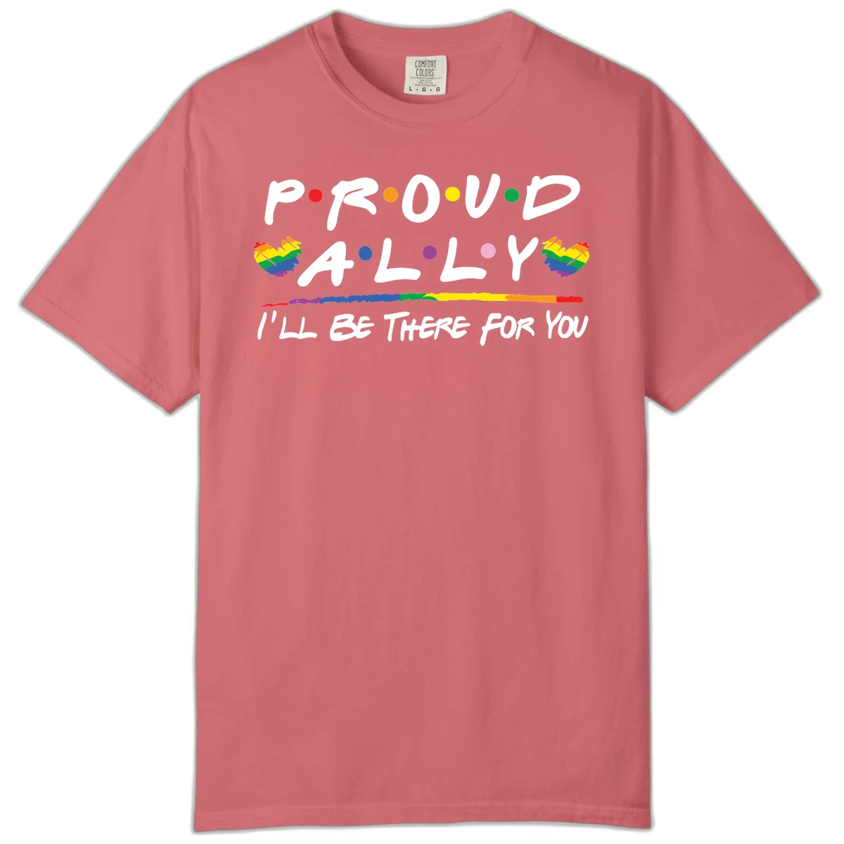 Proud ally support design with white hand-drawn text, rainbow hearts, and striped line on gray background in Watermelon