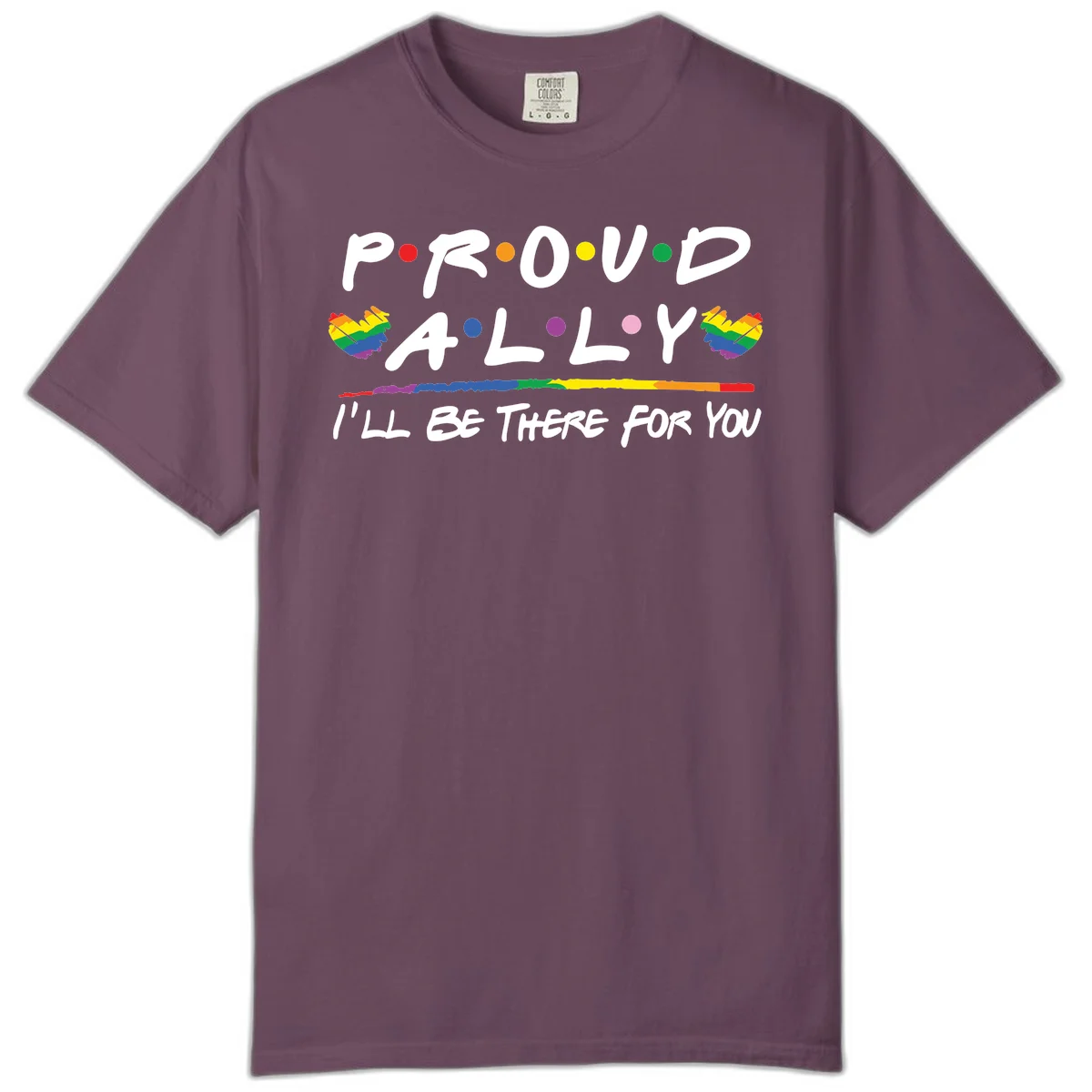 Proud ally support design with white hand-drawn text, rainbow hearts, and striped line on gray background in Berry