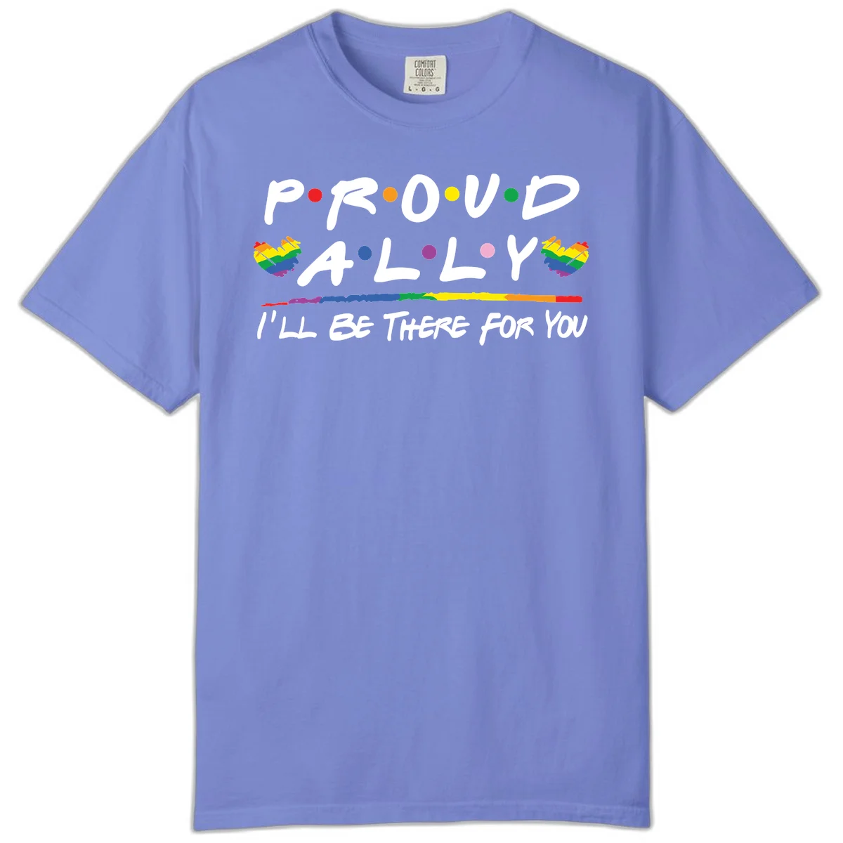 Proud ally support design with white hand-drawn text, rainbow hearts, and striped line on gray background in Flo Blue