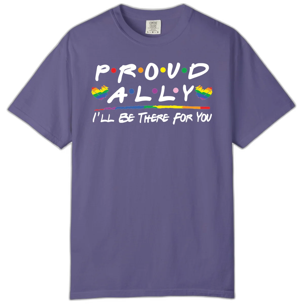 Proud ally support design with white hand-drawn text, rainbow hearts, and striped line on gray background in Grape