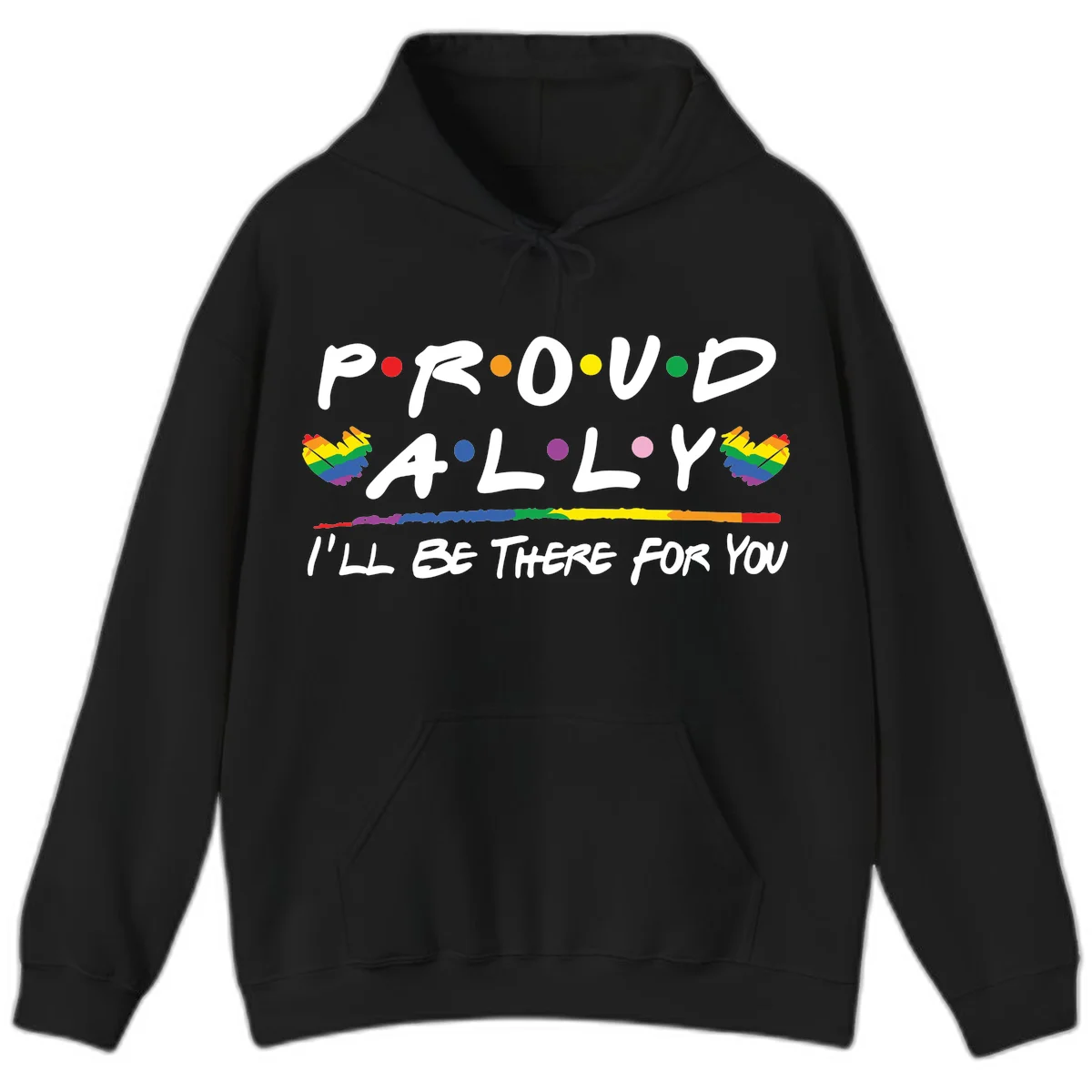 Proud ally support design with white hand-drawn text, rainbow hearts, and striped line on gray background in Black