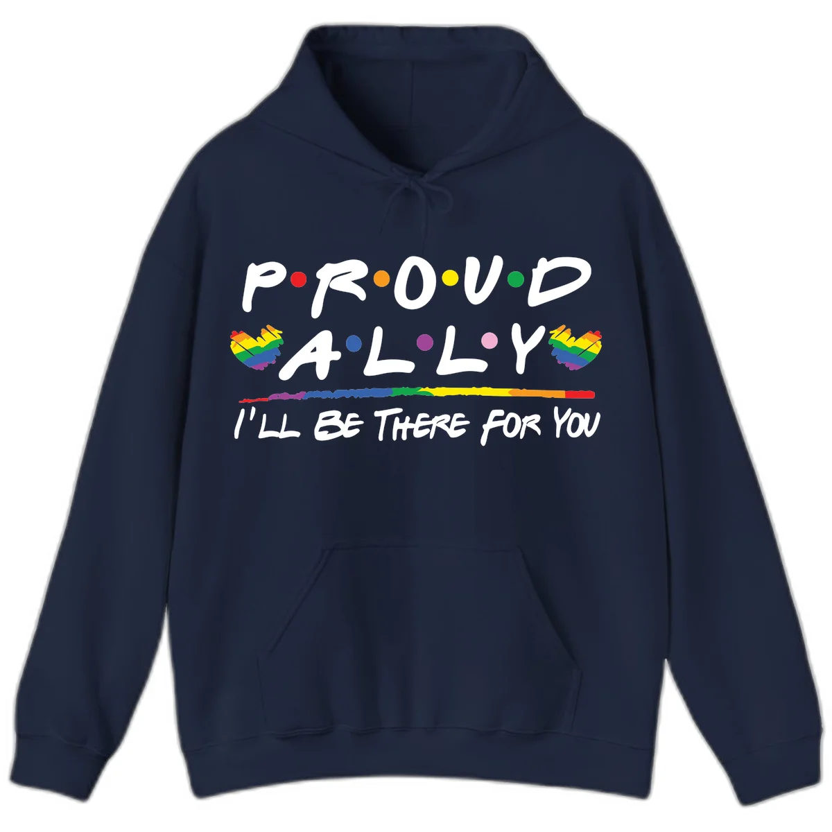 Proud ally support design with white hand-drawn text, rainbow hearts, and striped line on gray background in Navy