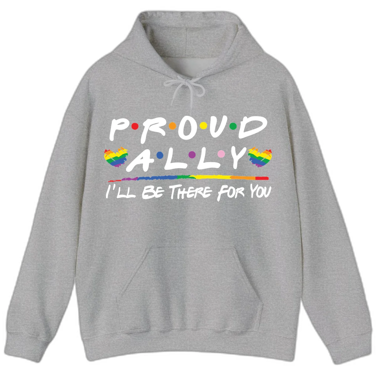 Proud ally support design with white hand-drawn text, rainbow hearts, and striped line on gray background in Sport Grey
