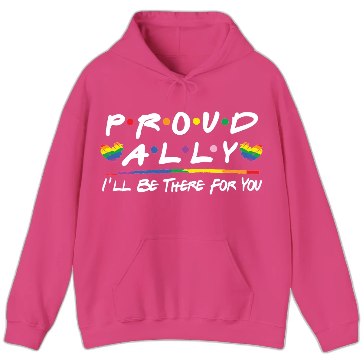 Proud ally support design with white hand-drawn text, rainbow hearts, and striped line on gray background in Heliconia