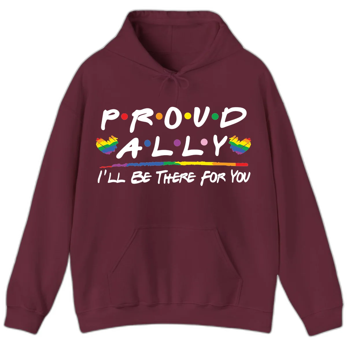 Proud ally support design with white hand-drawn text, rainbow hearts, and striped line on gray background in Maroon