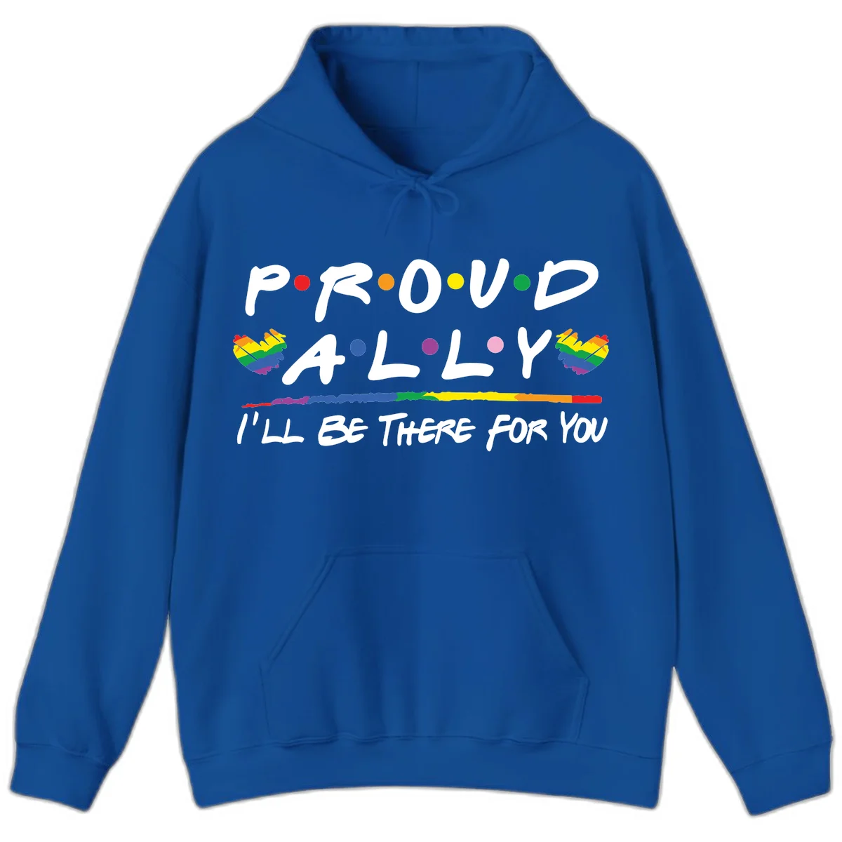 Proud ally support design with white hand-drawn text, rainbow hearts, and striped line on gray background in Royal