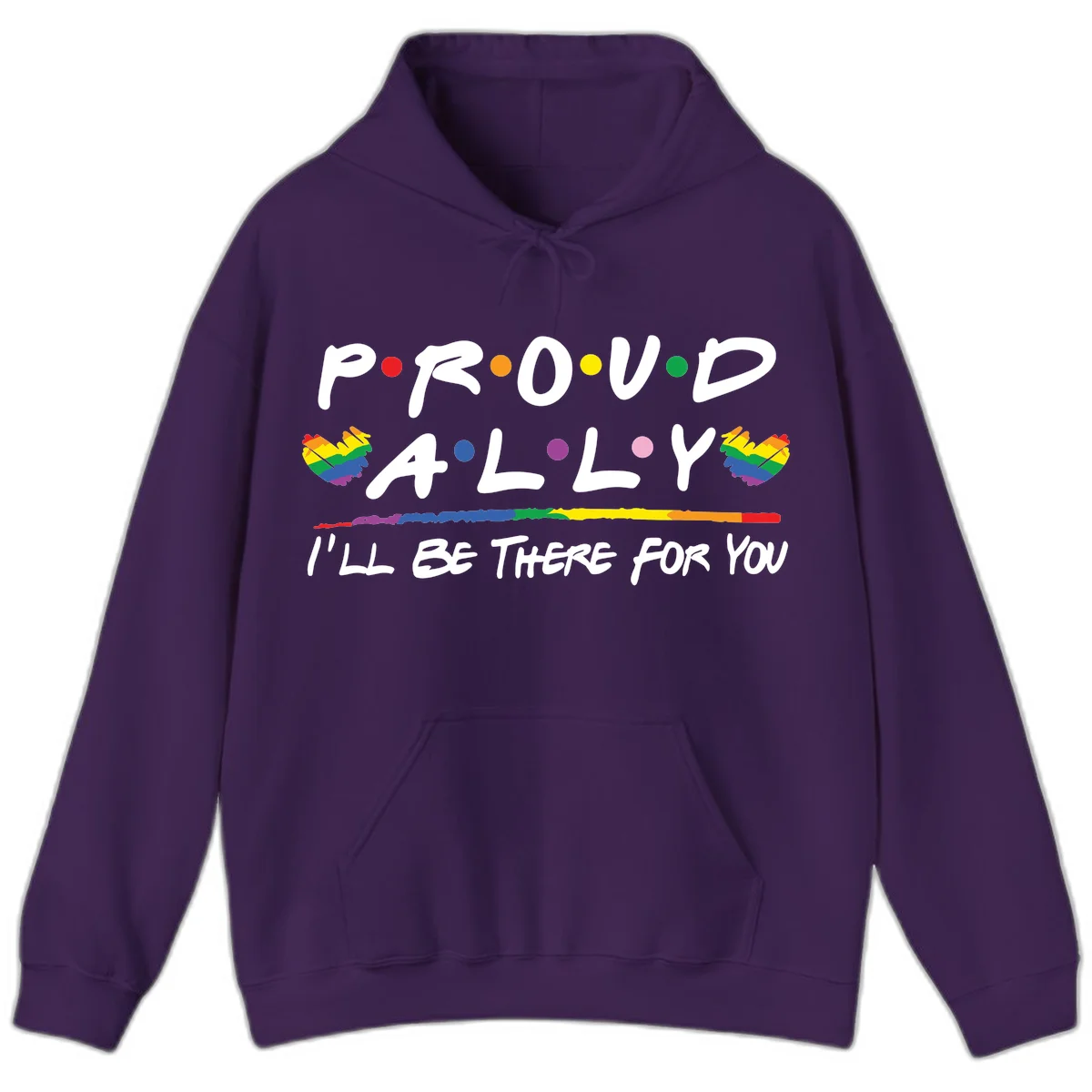 Proud ally support design with white hand-drawn text, rainbow hearts, and striped line on gray background in Purple
