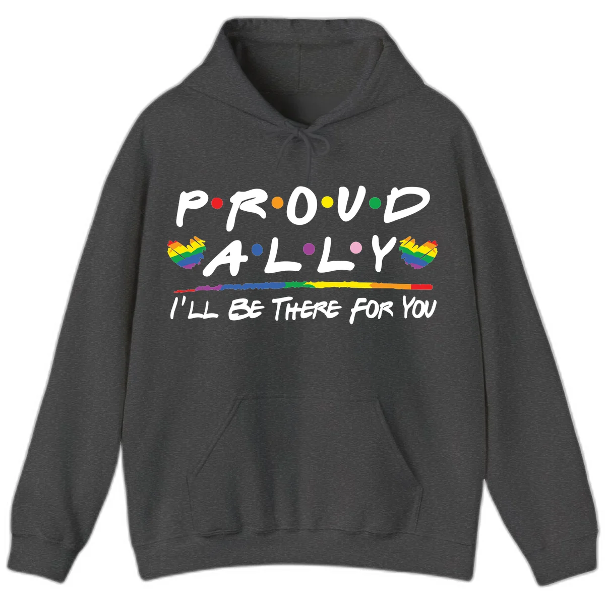 Proud ally support design with white hand-drawn text, rainbow hearts, and striped line on gray background in Dark Heather