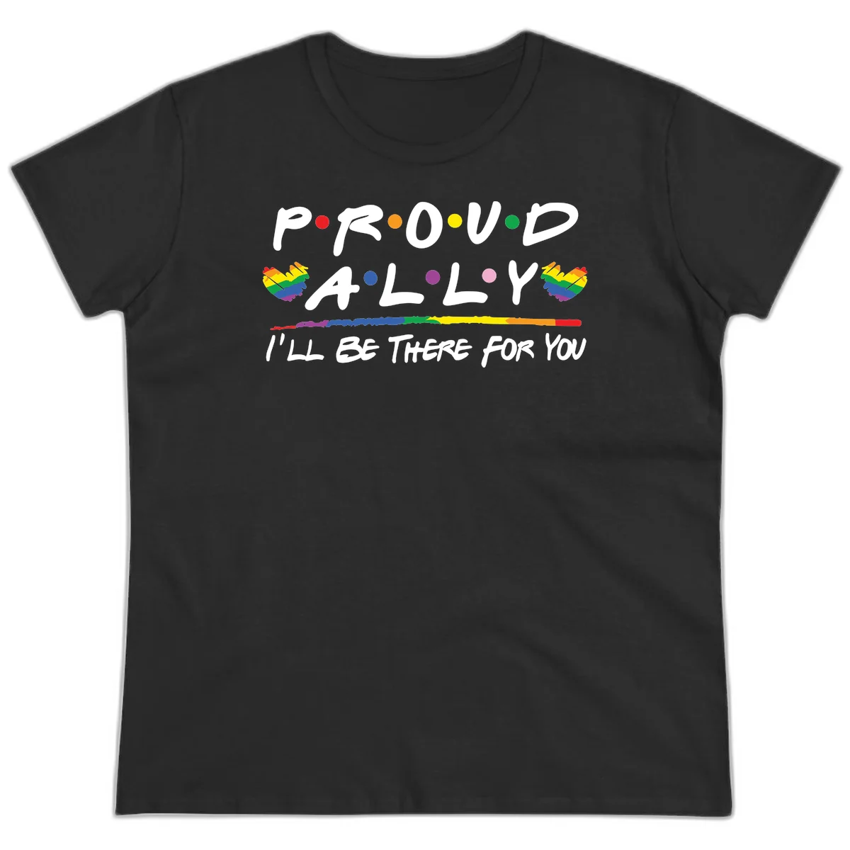 Proud ally support design with white hand-drawn text, rainbow hearts, and striped line on gray background in Black