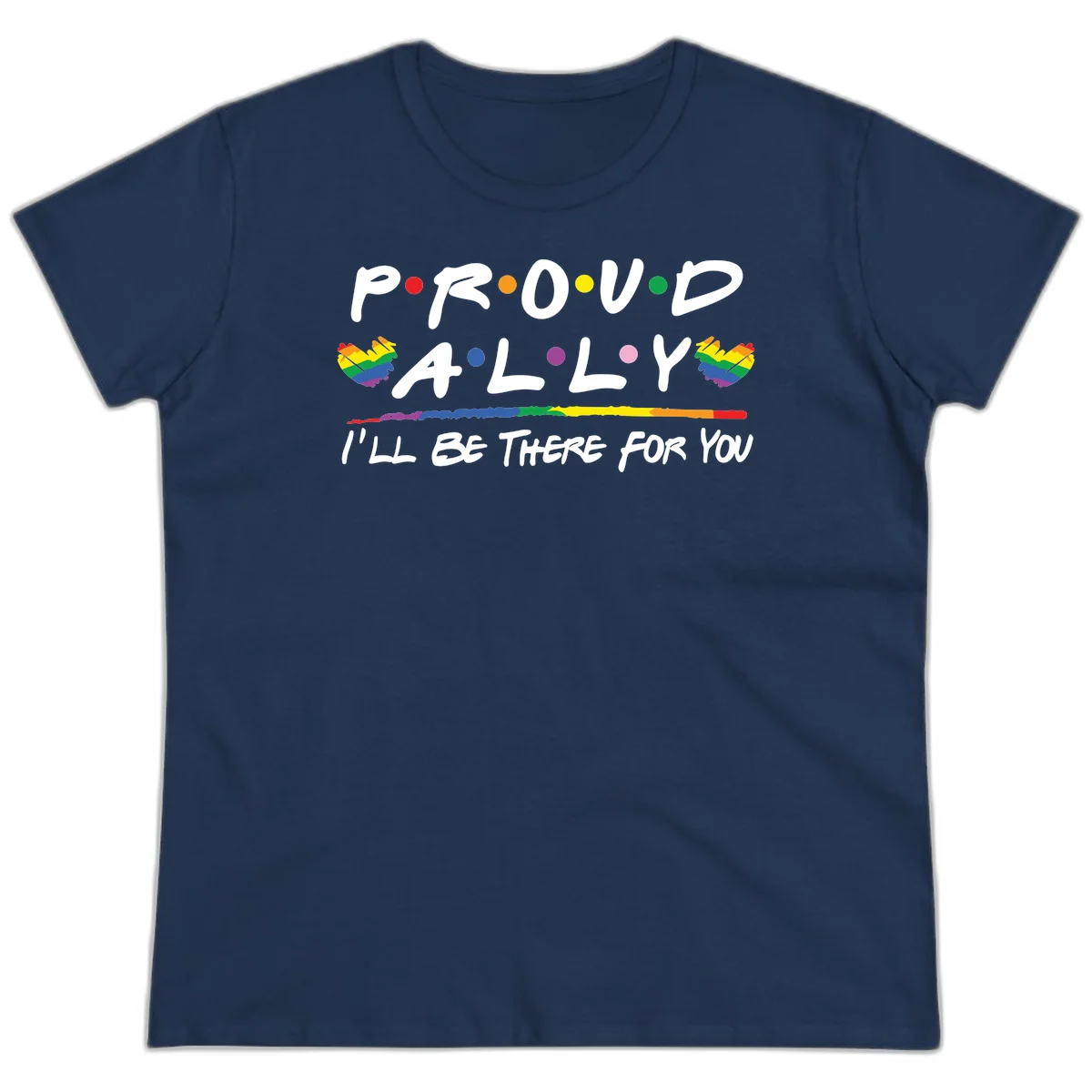 Proud ally support design with white hand-drawn text, rainbow hearts, and striped line on gray background in Navy