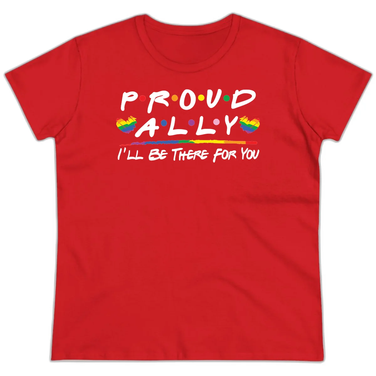 Proud ally support design with white hand-drawn text, rainbow hearts, and striped line on gray background in Red
