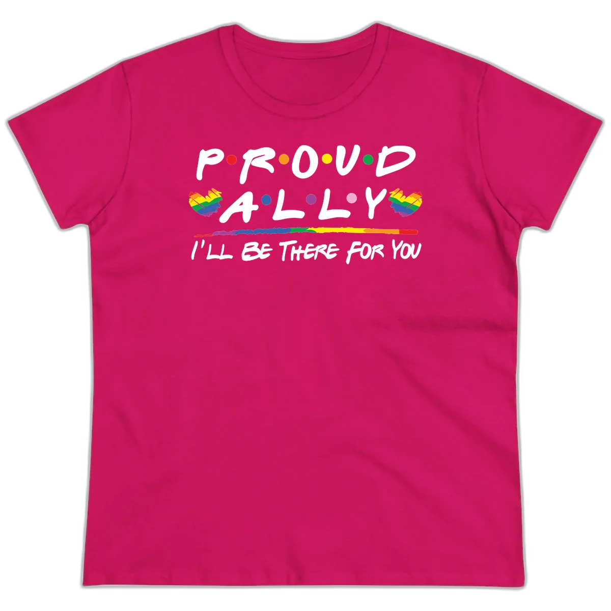Proud ally support design with white hand-drawn text, rainbow hearts, and striped line on gray background in Heliconia