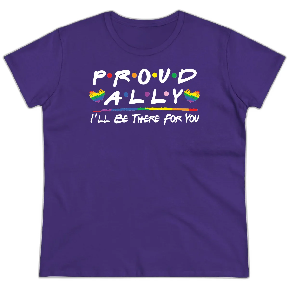 Proud ally support design with white hand-drawn text, rainbow hearts, and striped line on gray background in Purple