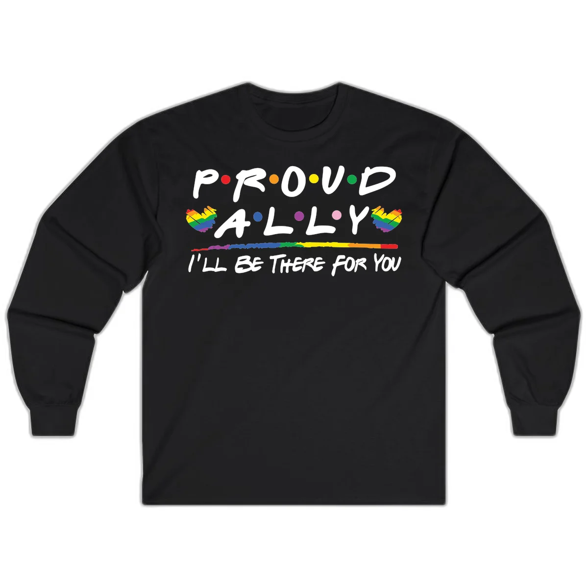 Proud ally support design with white hand-drawn text, rainbow hearts, and striped line on gray background in Black
