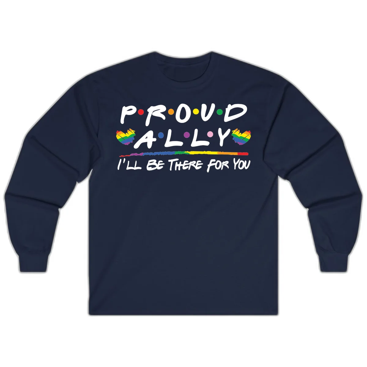 Proud ally support design with white hand-drawn text, rainbow hearts, and striped line on gray background in Navy