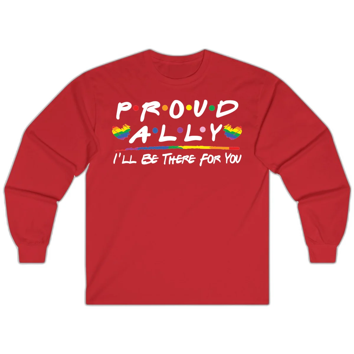 Proud ally support design with white hand-drawn text, rainbow hearts, and striped line on gray background in Red