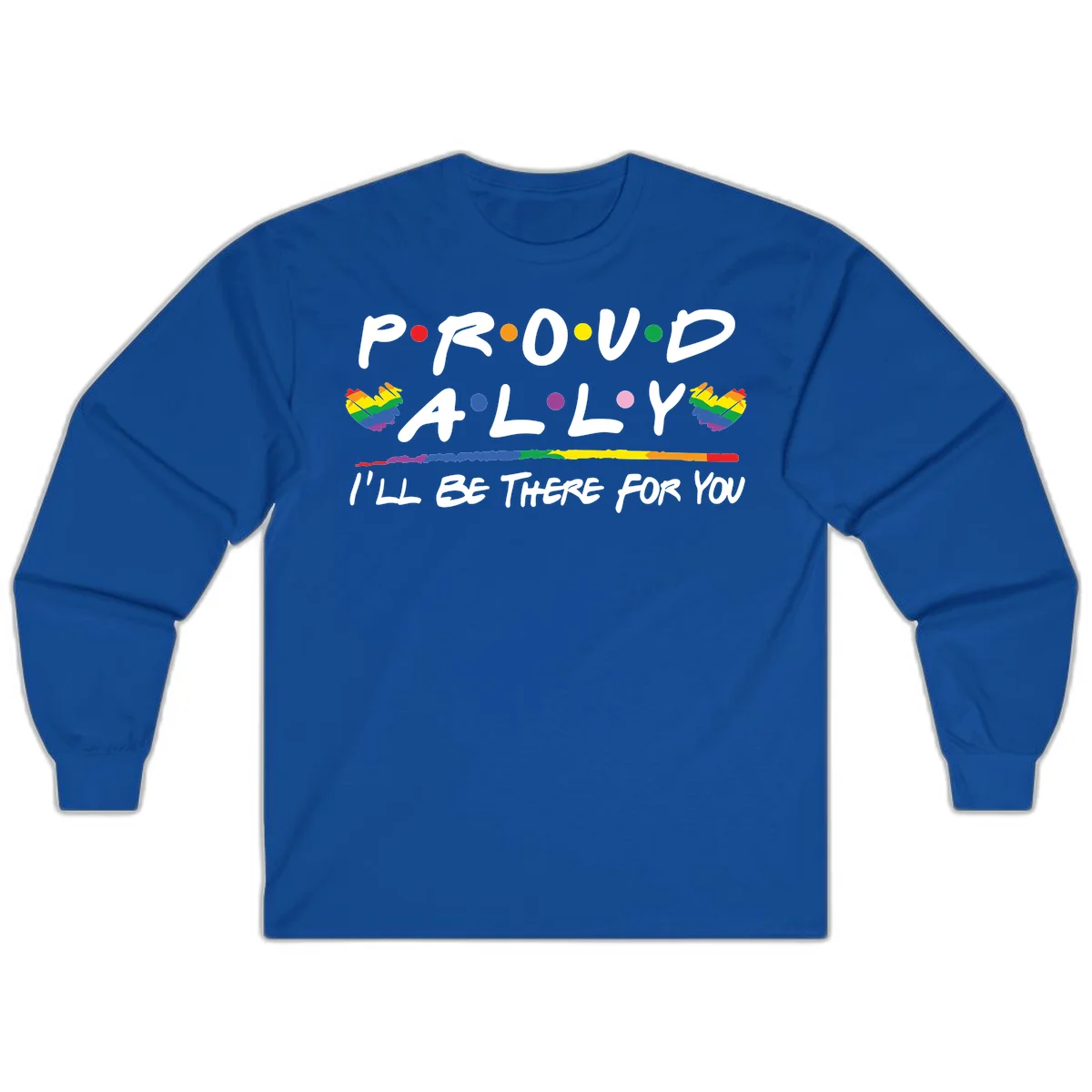Proud ally support design with white hand-drawn text, rainbow hearts, and striped line on gray background in Royal