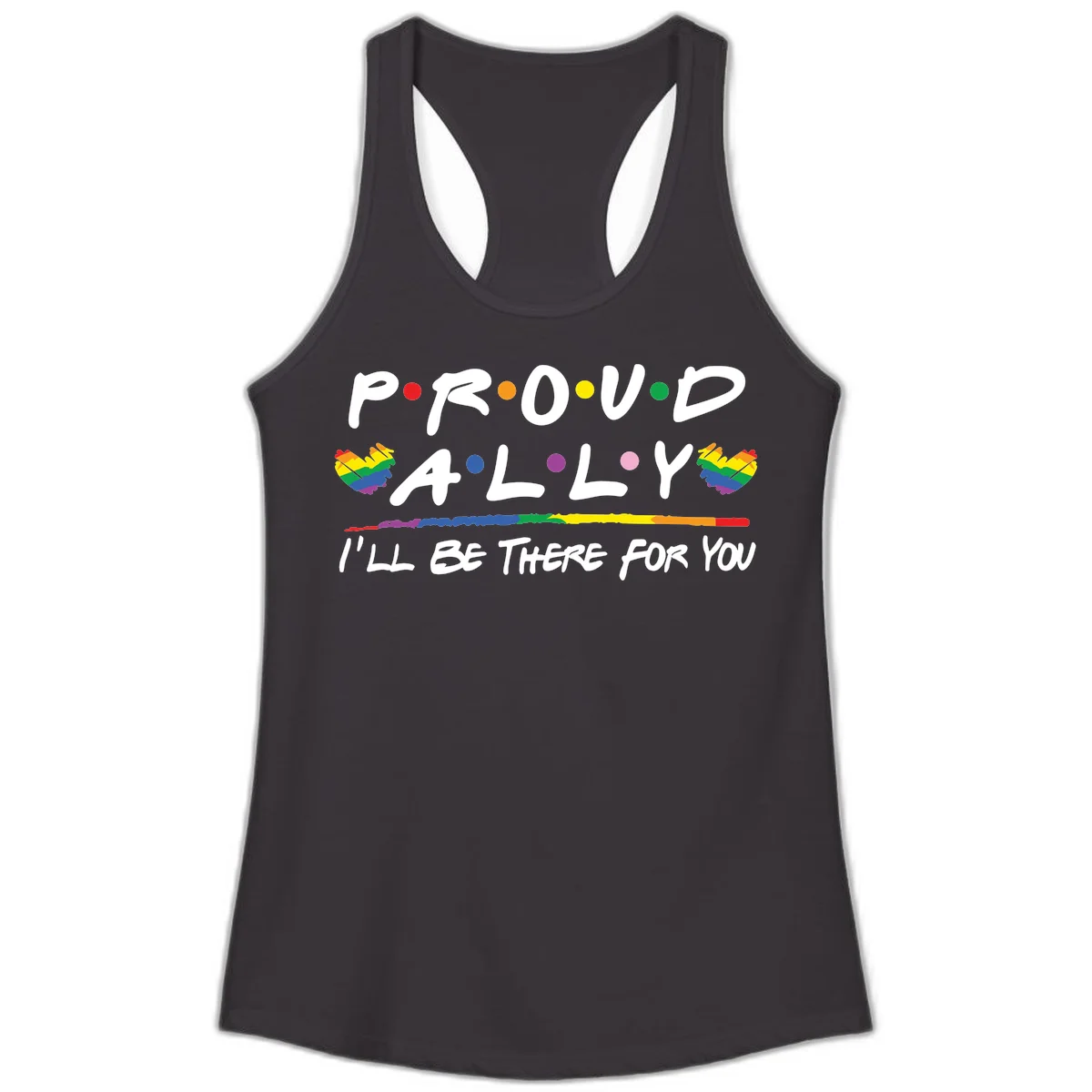 Proud ally support design with white hand-drawn text, rainbow hearts, and striped line on gray background in Black