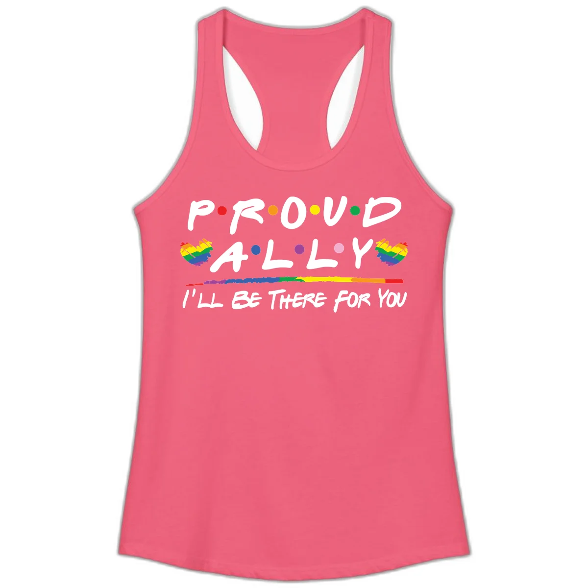 Proud ally support design with white hand-drawn text, rainbow hearts, and striped line on gray background in Hot Pink