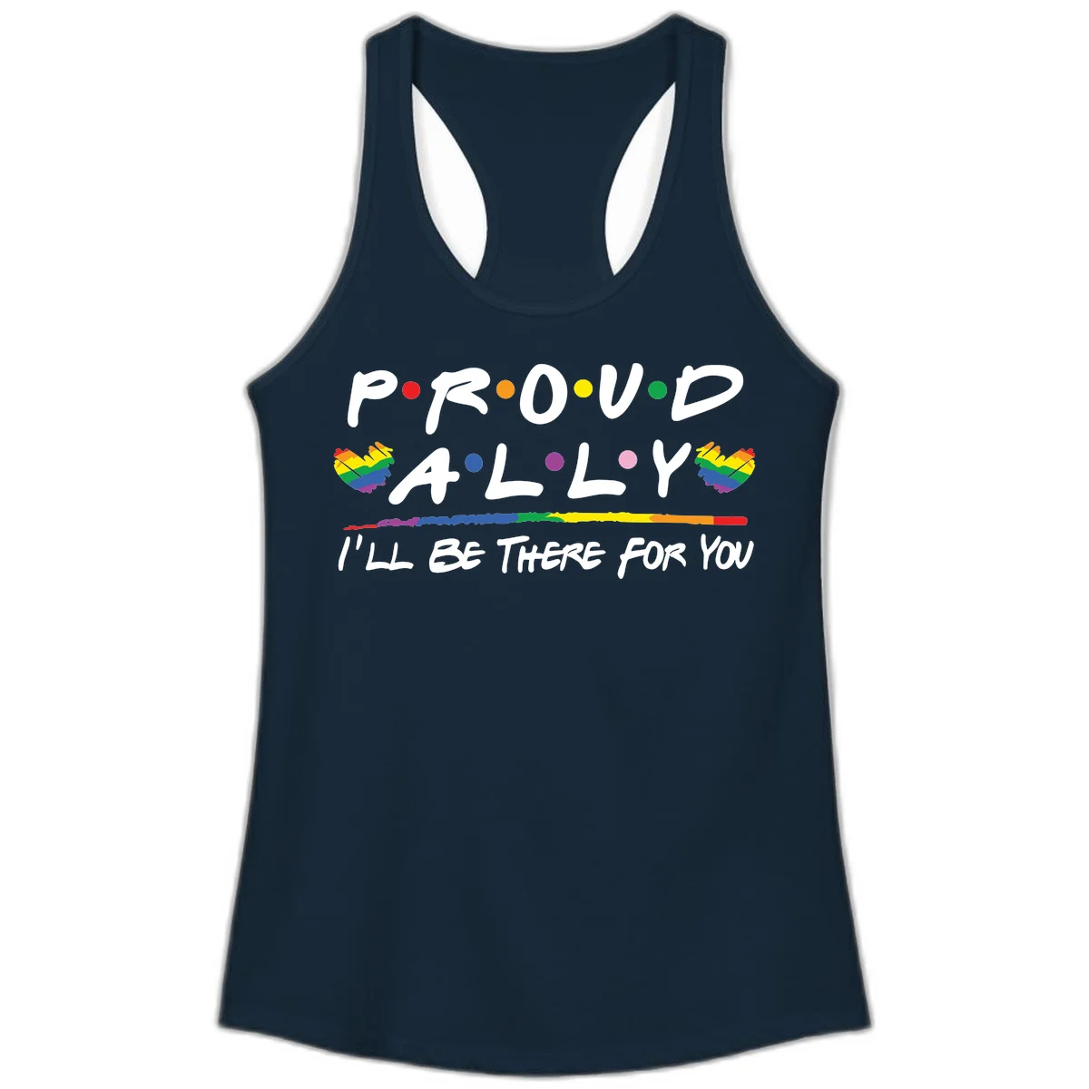 Proud ally support design with white hand-drawn text, rainbow hearts, and striped line on gray background in Solid Midnight Navy