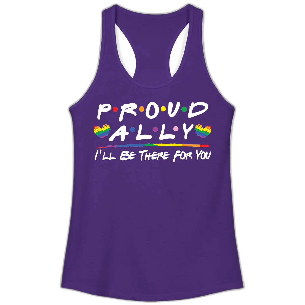 Proud ally support design with white hand-drawn text, rainbow hearts, and striped line on gray background in Solid Purple Rush