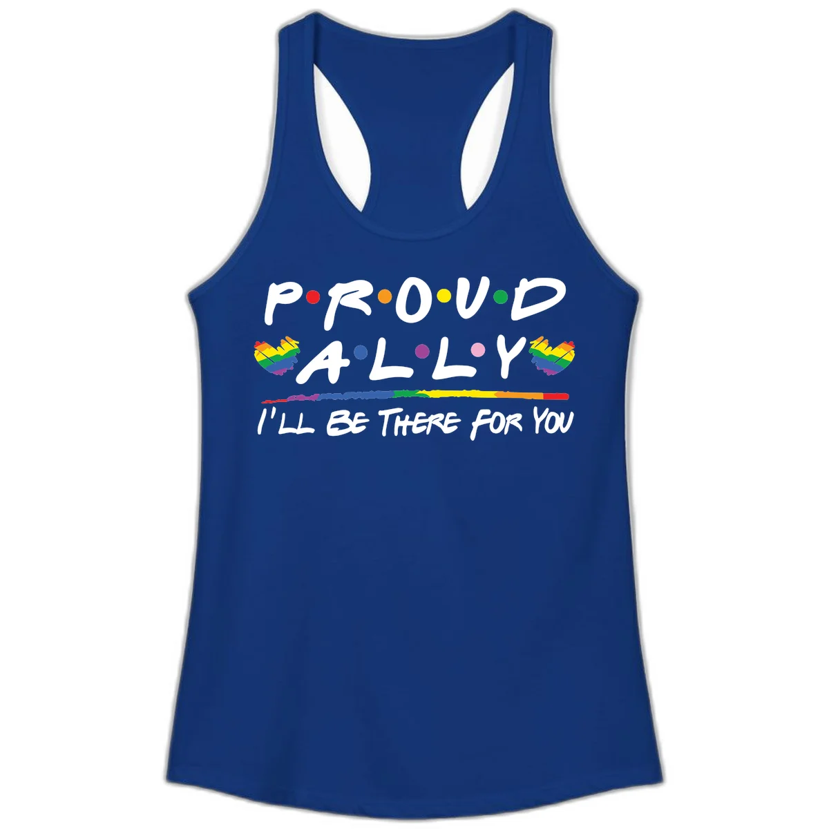 Proud ally support design with white hand-drawn text, rainbow hearts, and striped line on gray background in Solid Royal