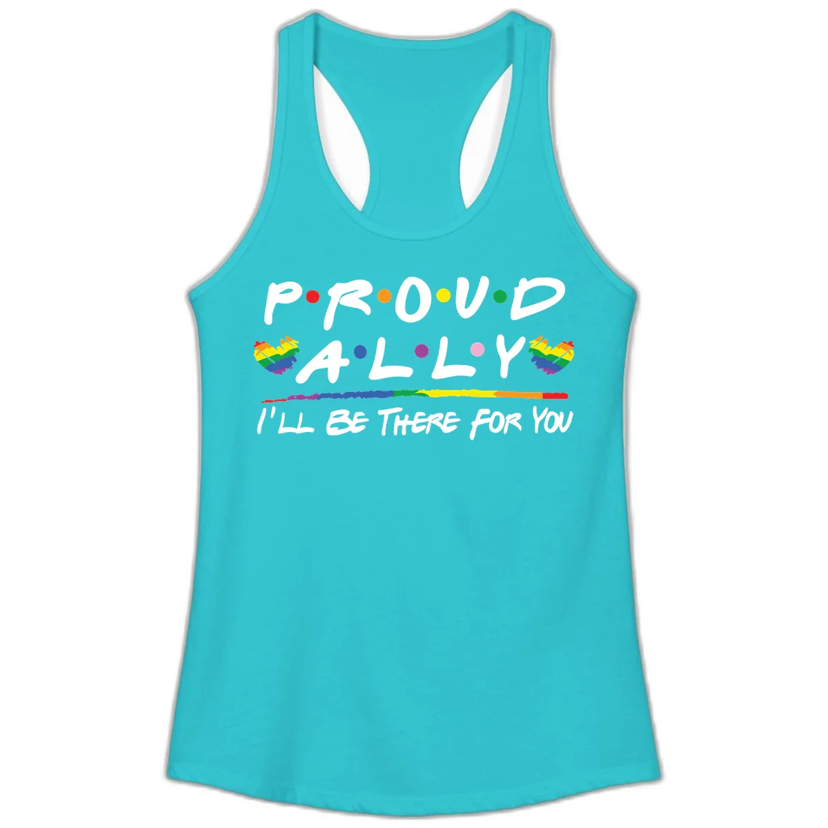 Proud ally support design with white hand-drawn text, rainbow hearts, and striped line on gray background in Solid Tahiti Blue