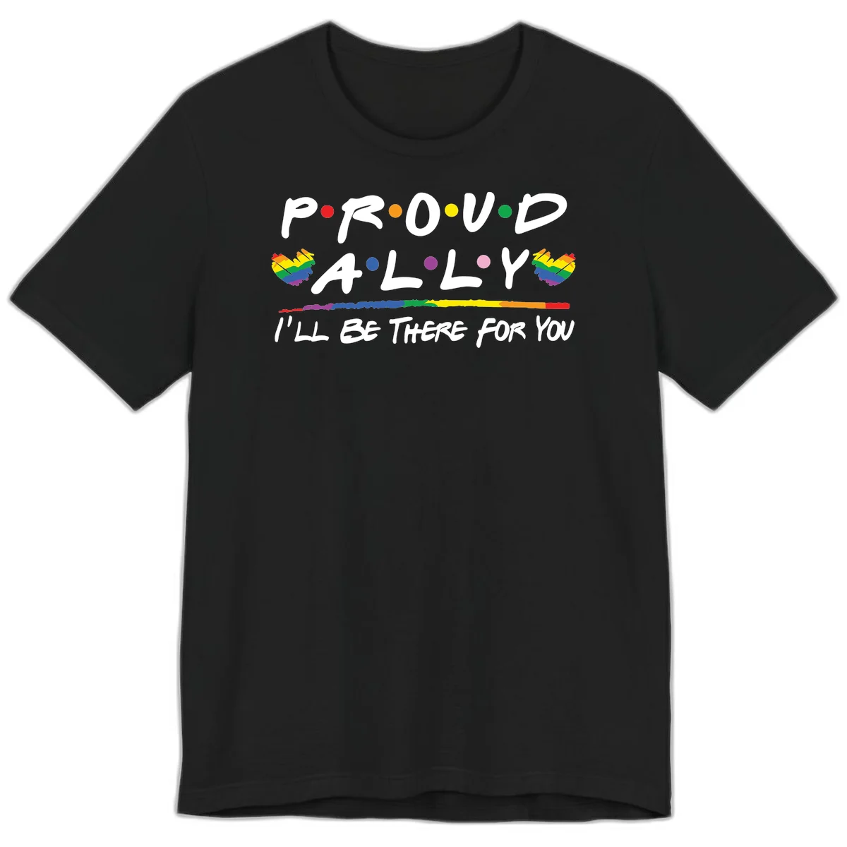Proud ally support design with white hand-drawn text, rainbow hearts, and striped line on gray background in Black