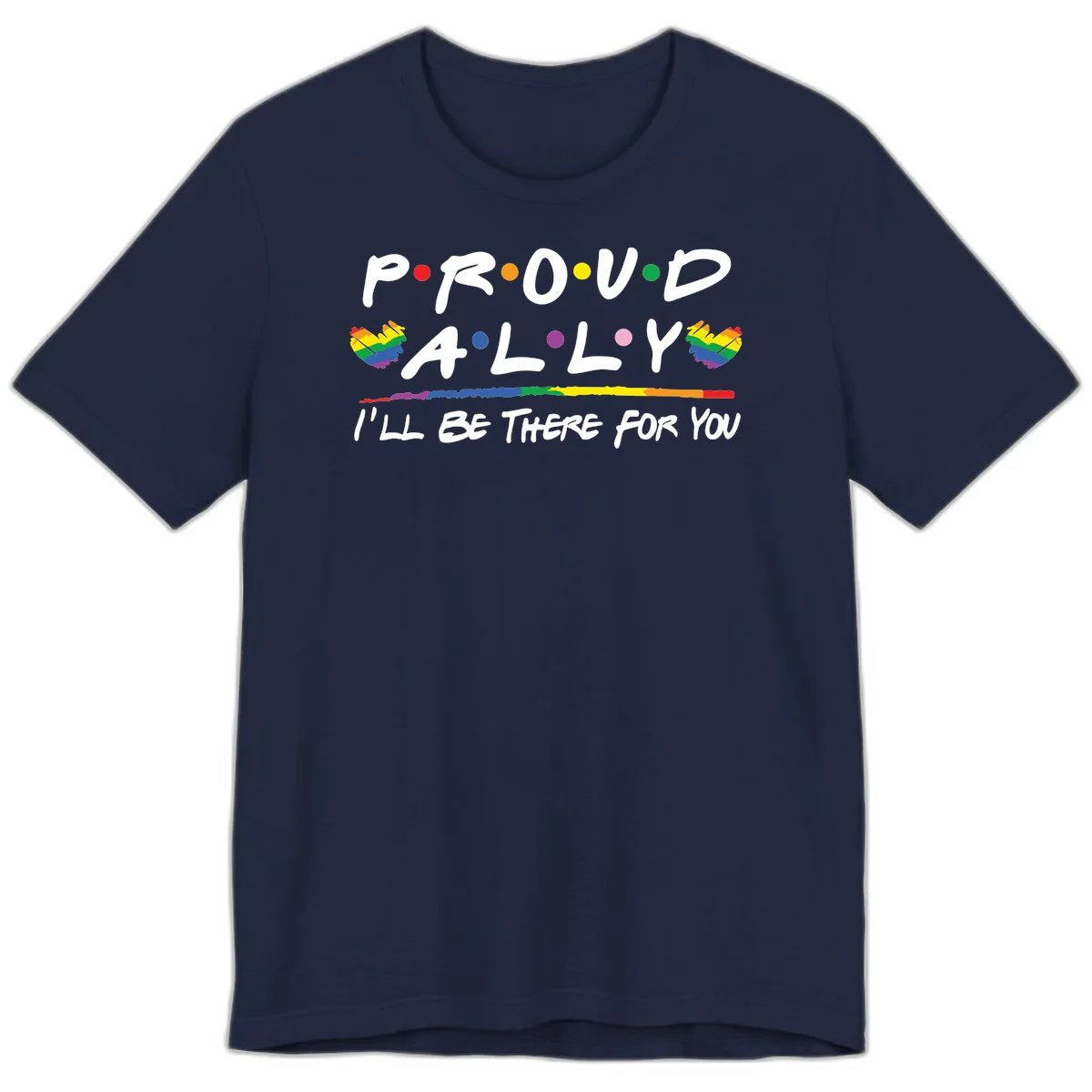 Proud ally support design with white hand-drawn text, rainbow hearts, and striped line on gray background in Navy