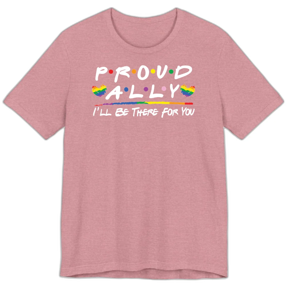 Proud ally support design with white hand-drawn text, rainbow hearts, and striped line on gray background in Heather Orchid