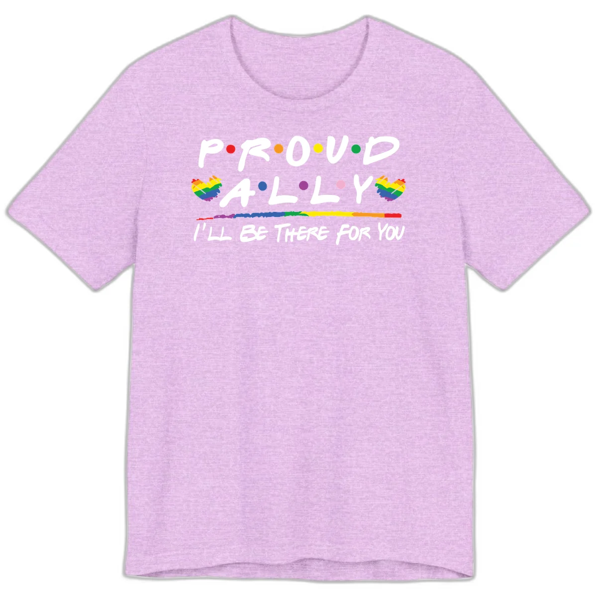 Proud ally support design with white hand-drawn text, rainbow hearts, and striped line on gray background in Heather Prism Lilac