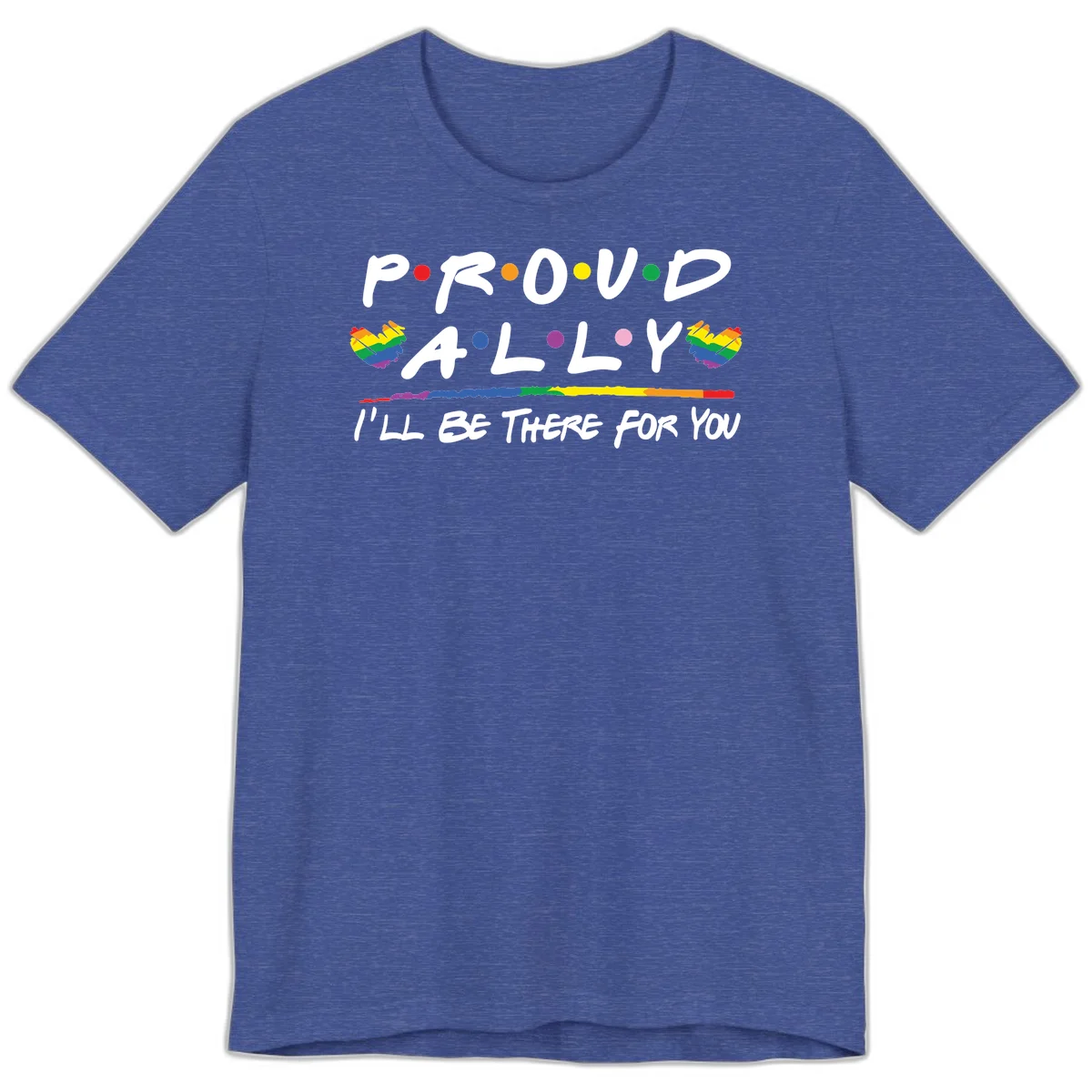 Proud ally support design with white hand-drawn text, rainbow hearts, and striped line on gray background in Heather True Royal