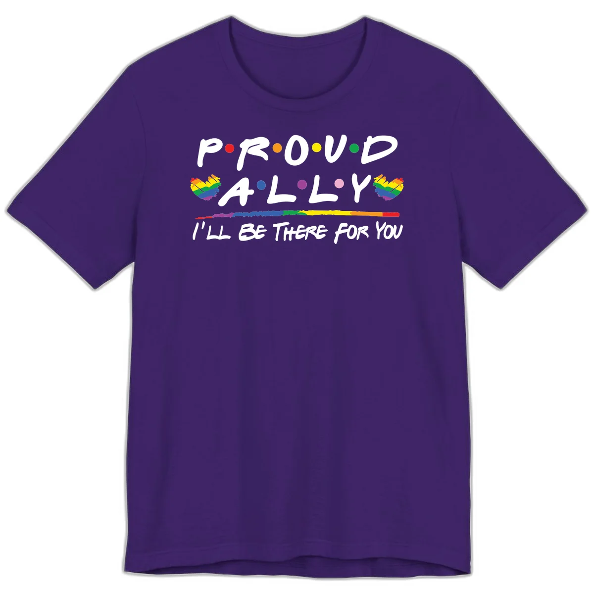 Proud ally support design with white hand-drawn text, rainbow hearts, and striped line on gray background in Team Purple
