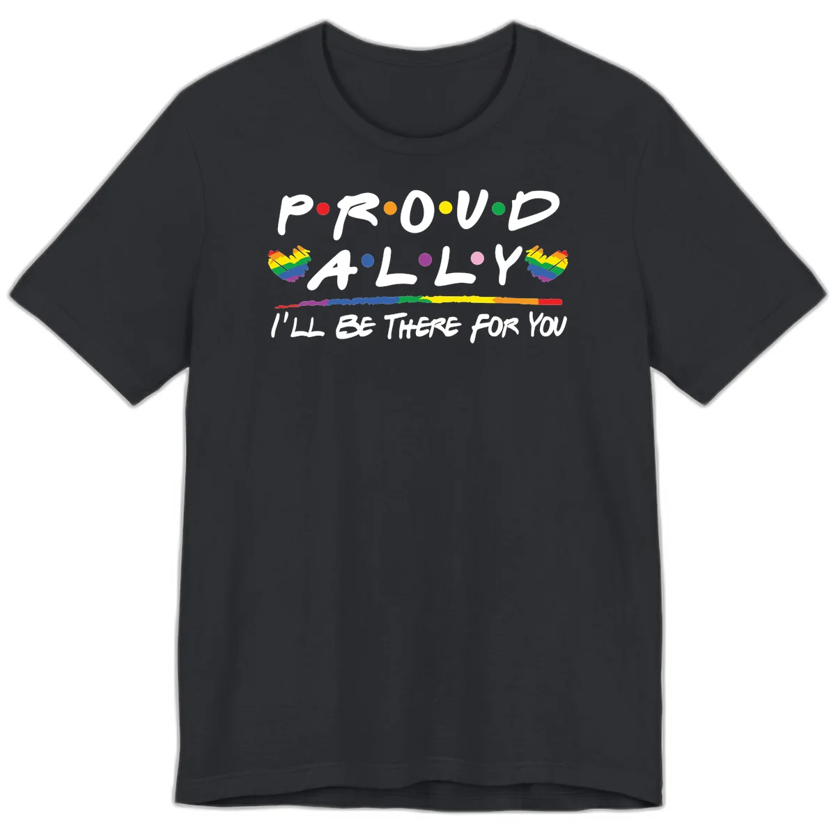 Proud ally support design with white hand-drawn text, rainbow hearts, and striped line on gray background in Vintage Black