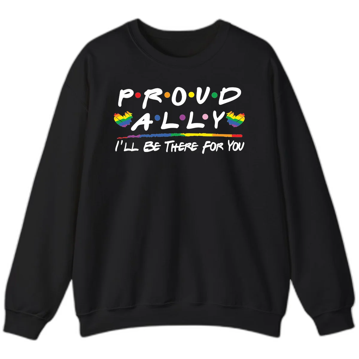 Proud ally support design with white hand-drawn text, rainbow hearts, and striped line on gray background in Black