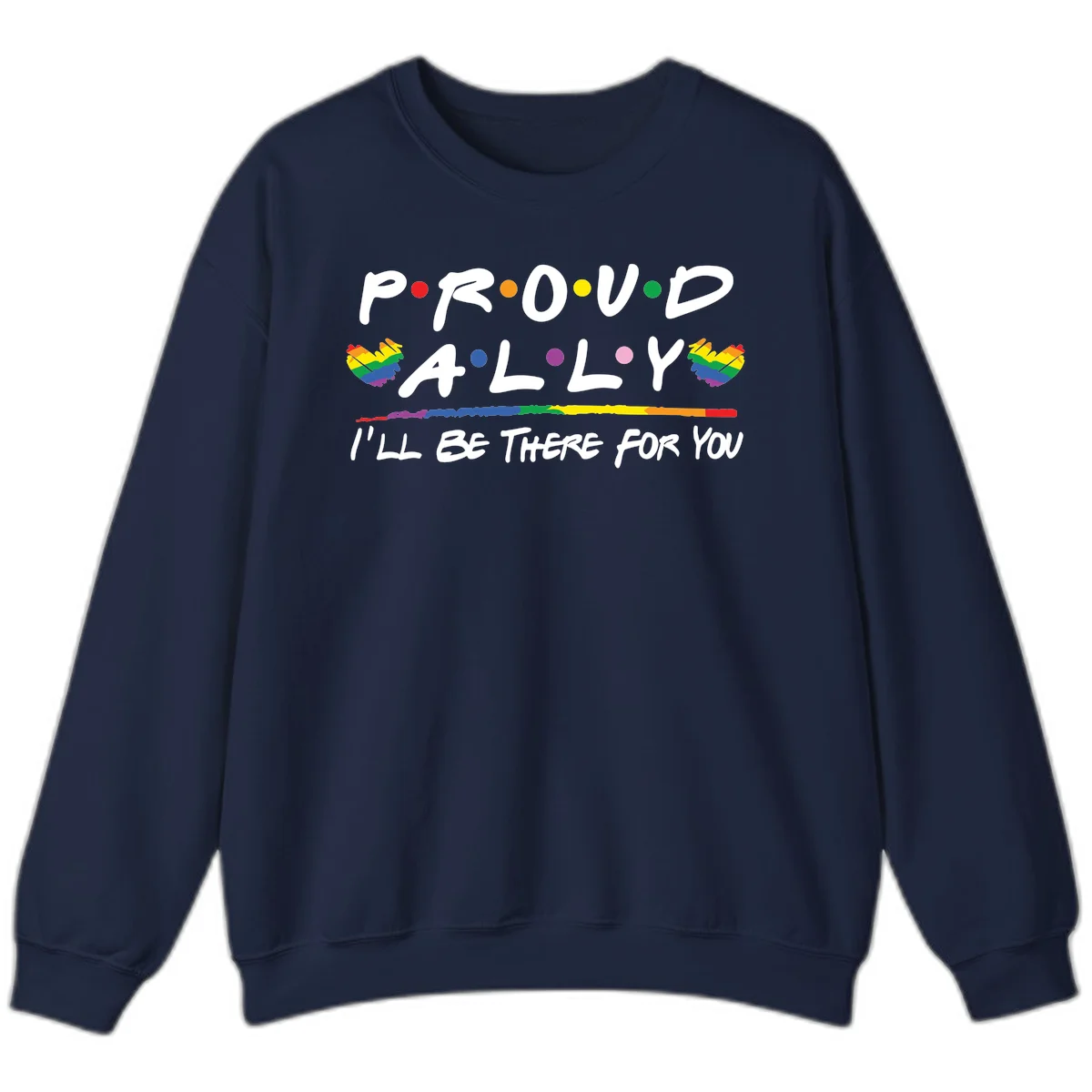 Proud ally support design with white hand-drawn text, rainbow hearts, and striped line on gray background in Navy