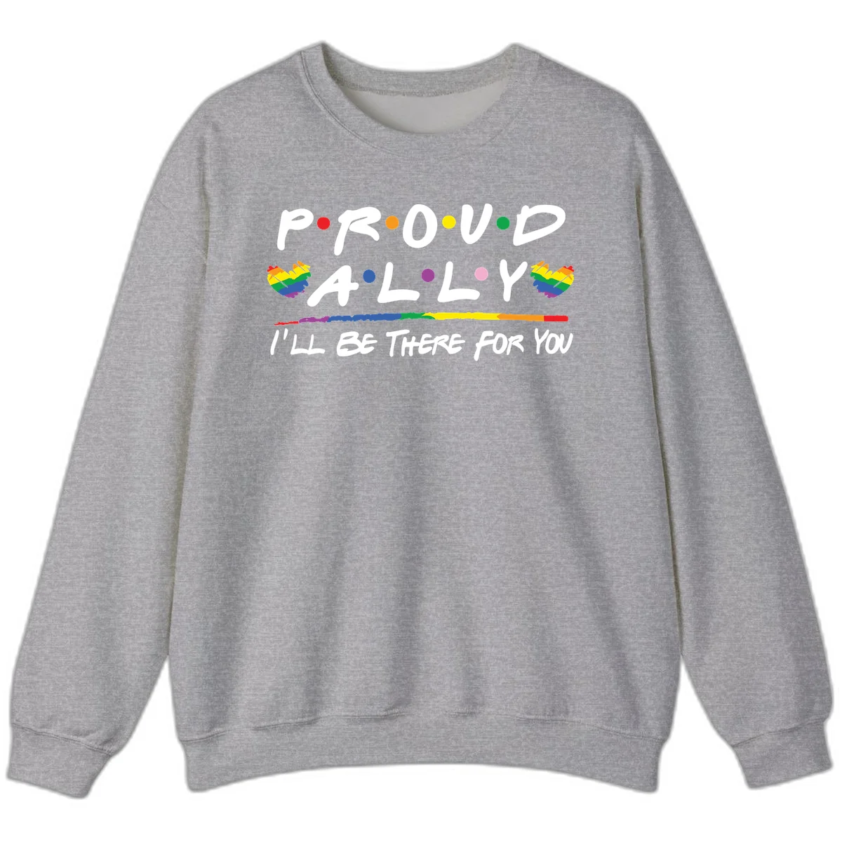 Proud ally support design with white hand-drawn text, rainbow hearts, and striped line on gray background in Sport Grey