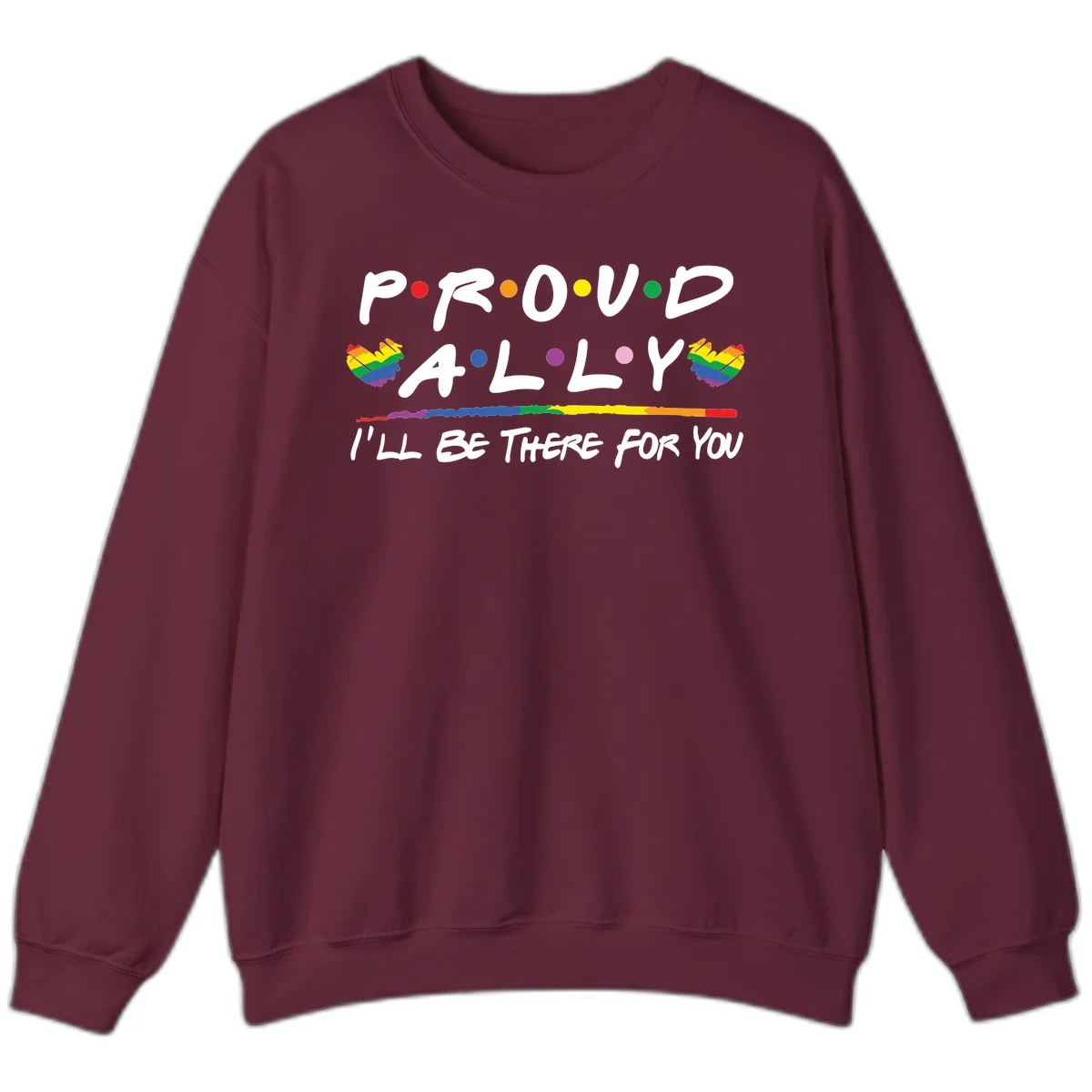Proud ally support design with white hand-drawn text, rainbow hearts, and striped line on gray background in Maroon