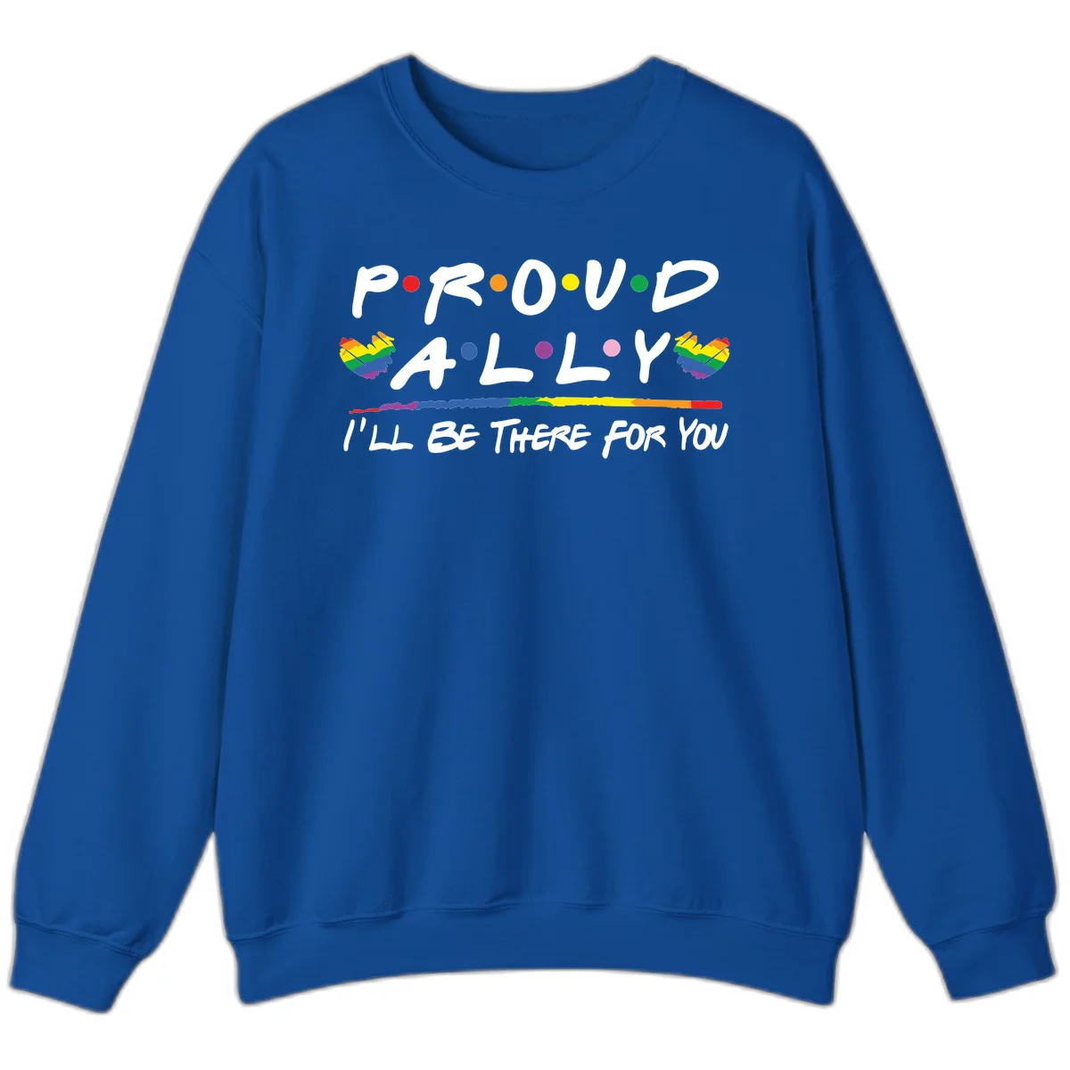 Proud ally support design with white hand-drawn text, rainbow hearts, and striped line on gray background in Royal