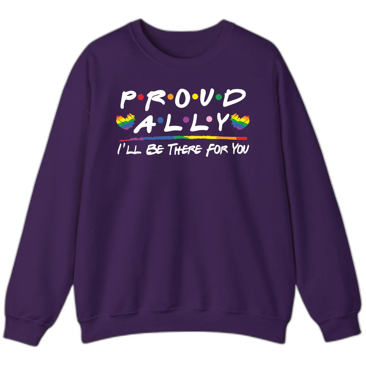 Proud ally support design with white hand-drawn text, rainbow hearts, and striped line on gray background in Purple