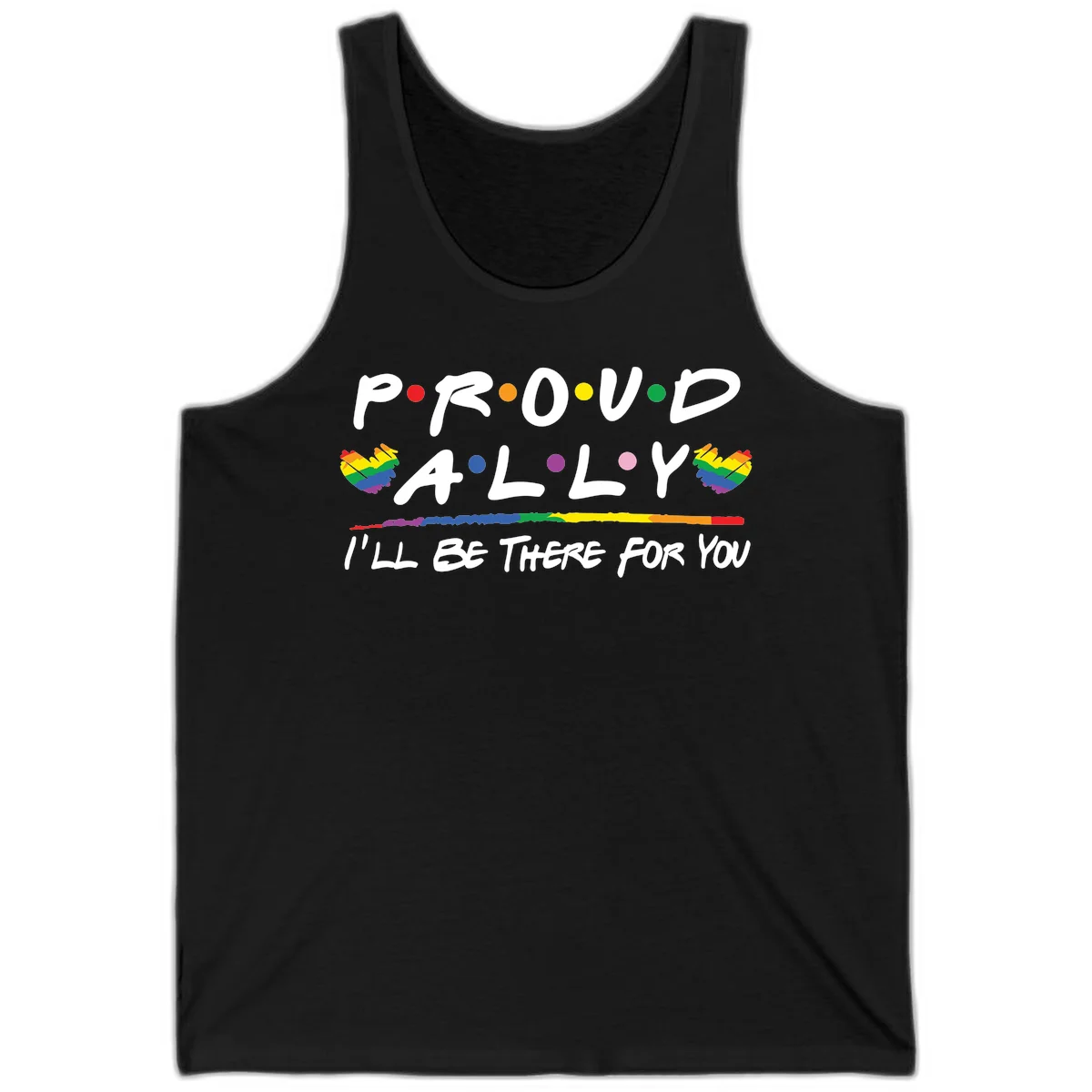 Proud ally support design with white hand-drawn text, rainbow hearts, and striped line on gray background in Black