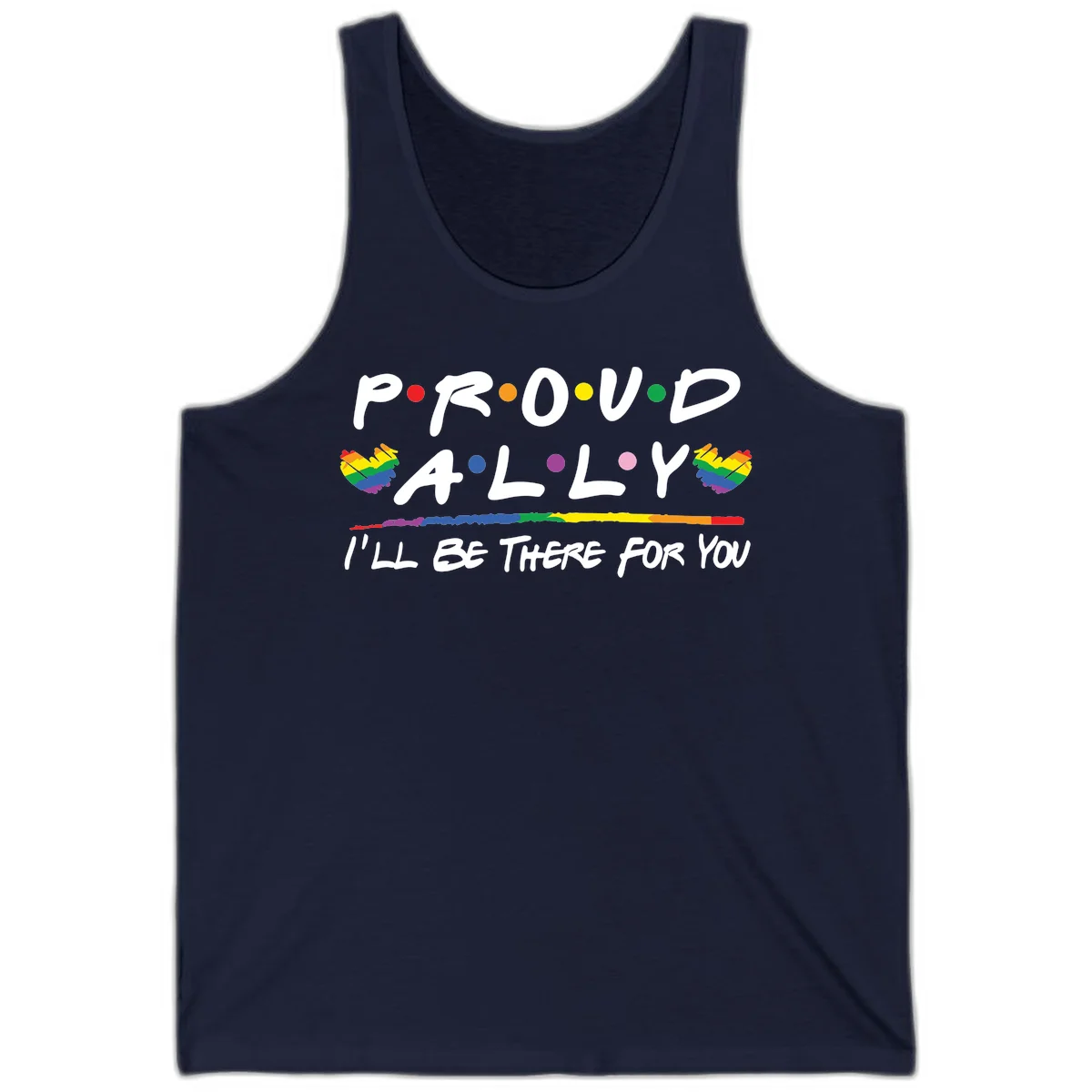 Proud ally support design with white hand-drawn text, rainbow hearts, and striped line on gray background in Navy