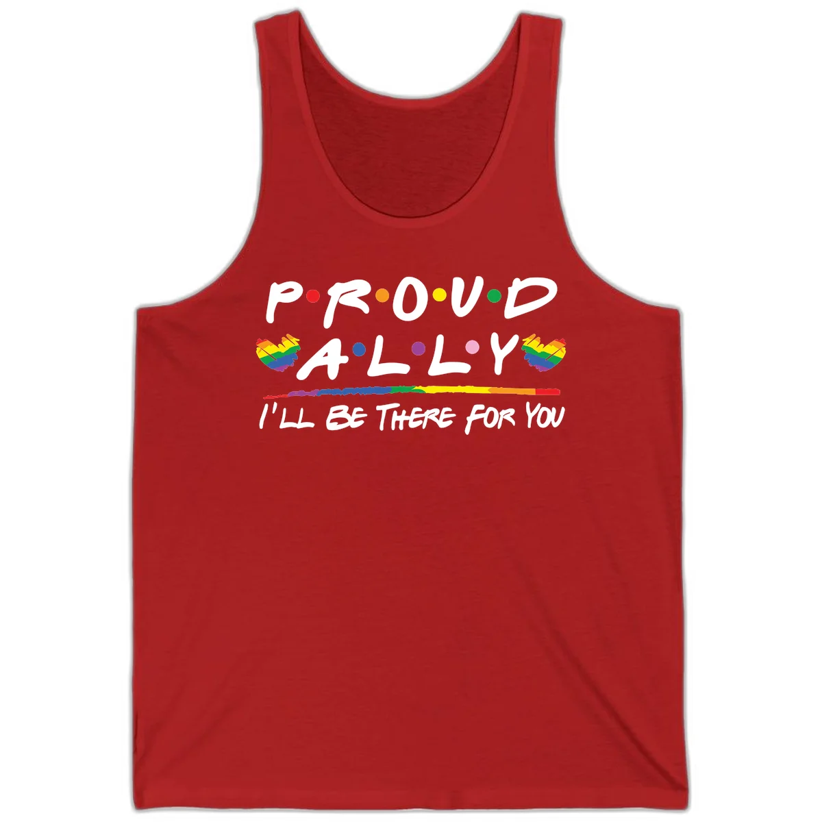 Proud ally support design with white hand-drawn text, rainbow hearts, and striped line on gray background in Red