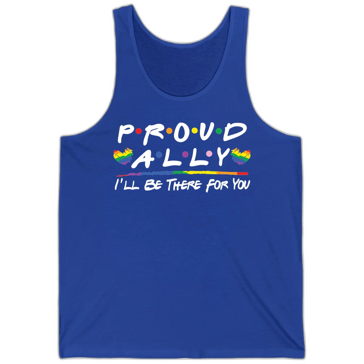 Proud ally support design with white hand-drawn text, rainbow hearts, and striped line on gray background in True Royal