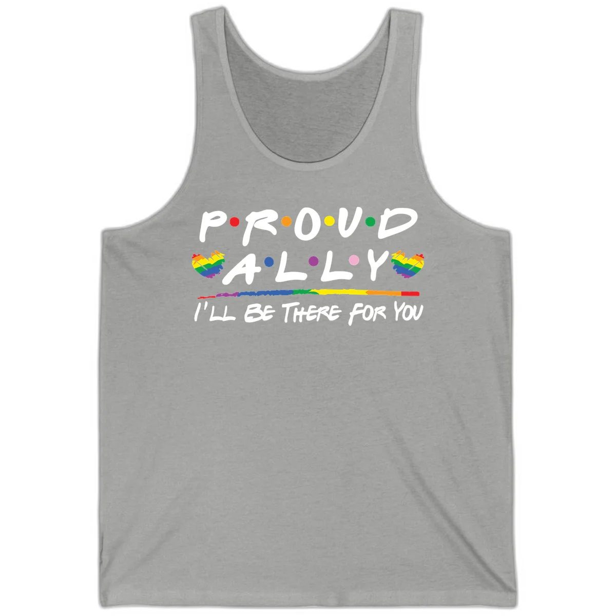 Proud ally support design with white hand-drawn text, rainbow hearts, and striped line on gray background in Athletic Heather