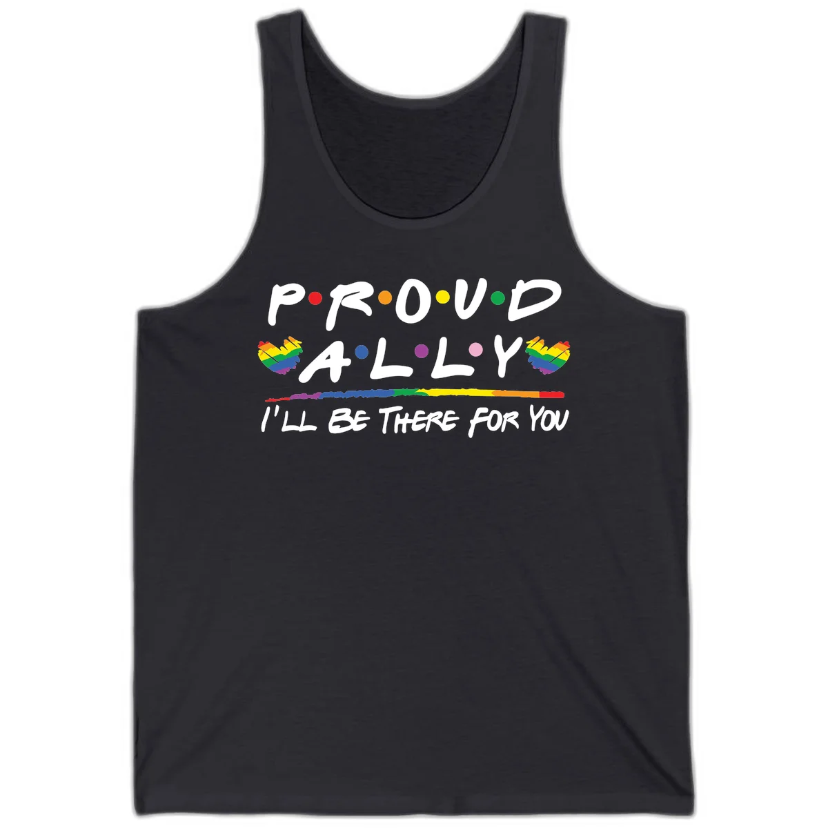 Proud ally support design with white hand-drawn text, rainbow hearts, and striped line on gray background in Dark Grey