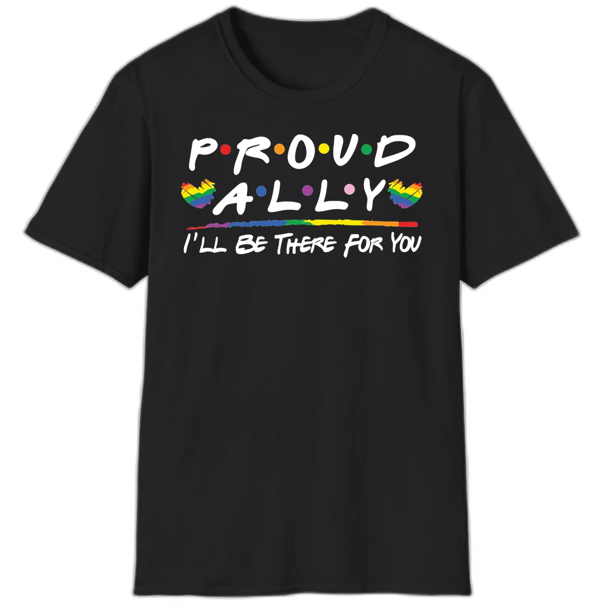 Proud ally support design with white hand-drawn text, rainbow hearts, and striped line on gray background in Black