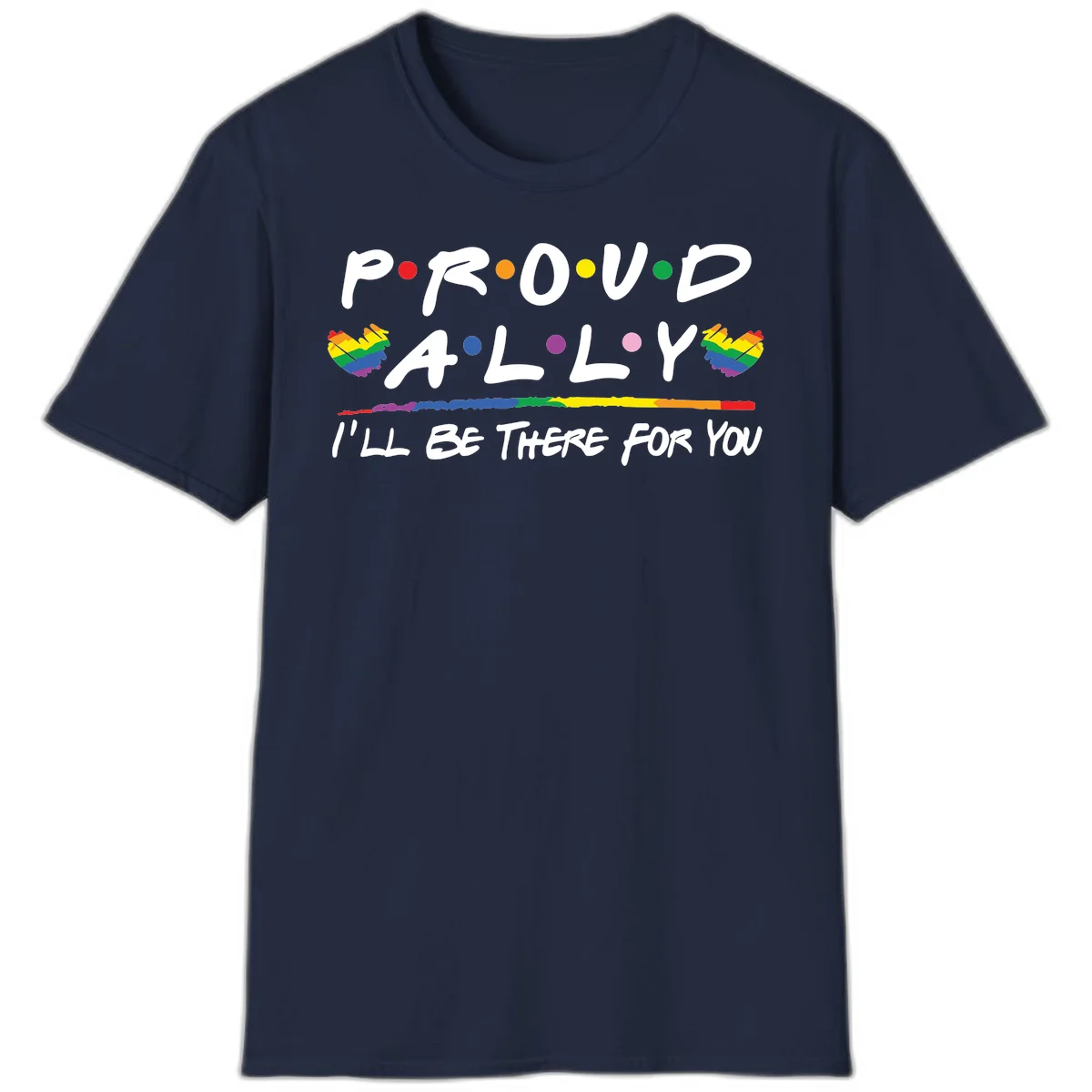 Proud ally support design with white hand-drawn text, rainbow hearts, and striped line on gray background in Navy