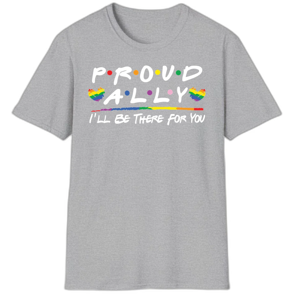Proud ally support design with white hand-drawn text, rainbow hearts, and striped line on gray background in Sport Grey