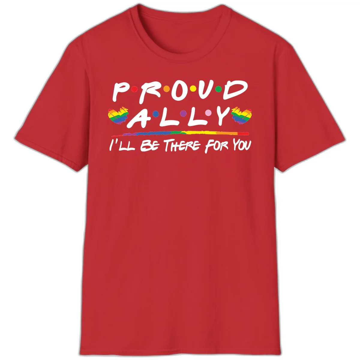 Proud ally support design with white hand-drawn text, rainbow hearts, and striped line on gray background in Red